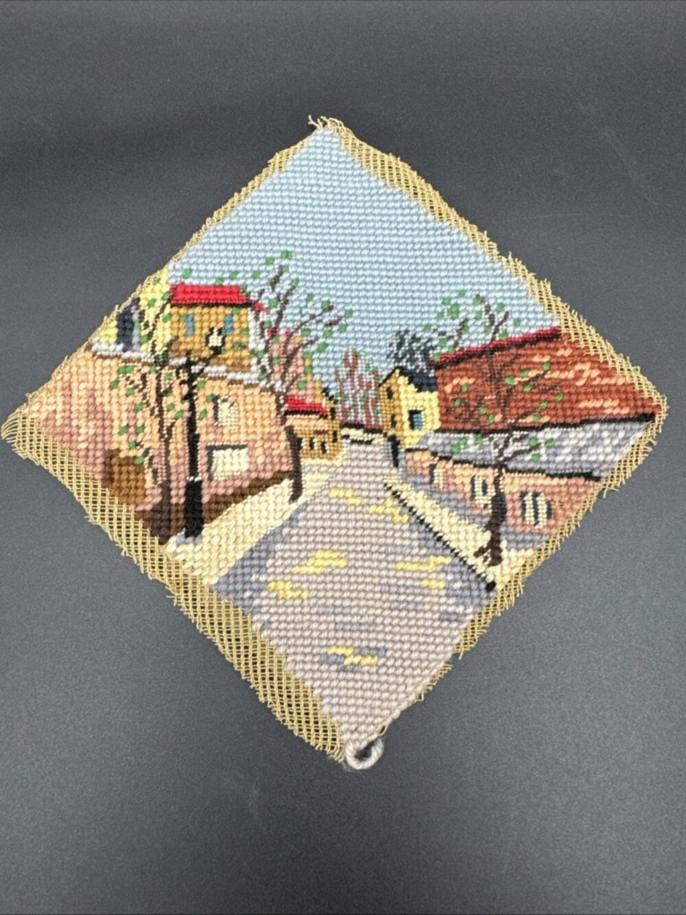 Vintage Cityscape Tree Needlepoint Cottagecore Unframed Wall Art